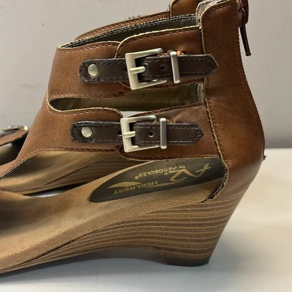 Aerosoles A2 Heelrest Mayflower Wedge Brown Faux Leather Ankle Zip Sandals, 6 - Picture 3 of 11
